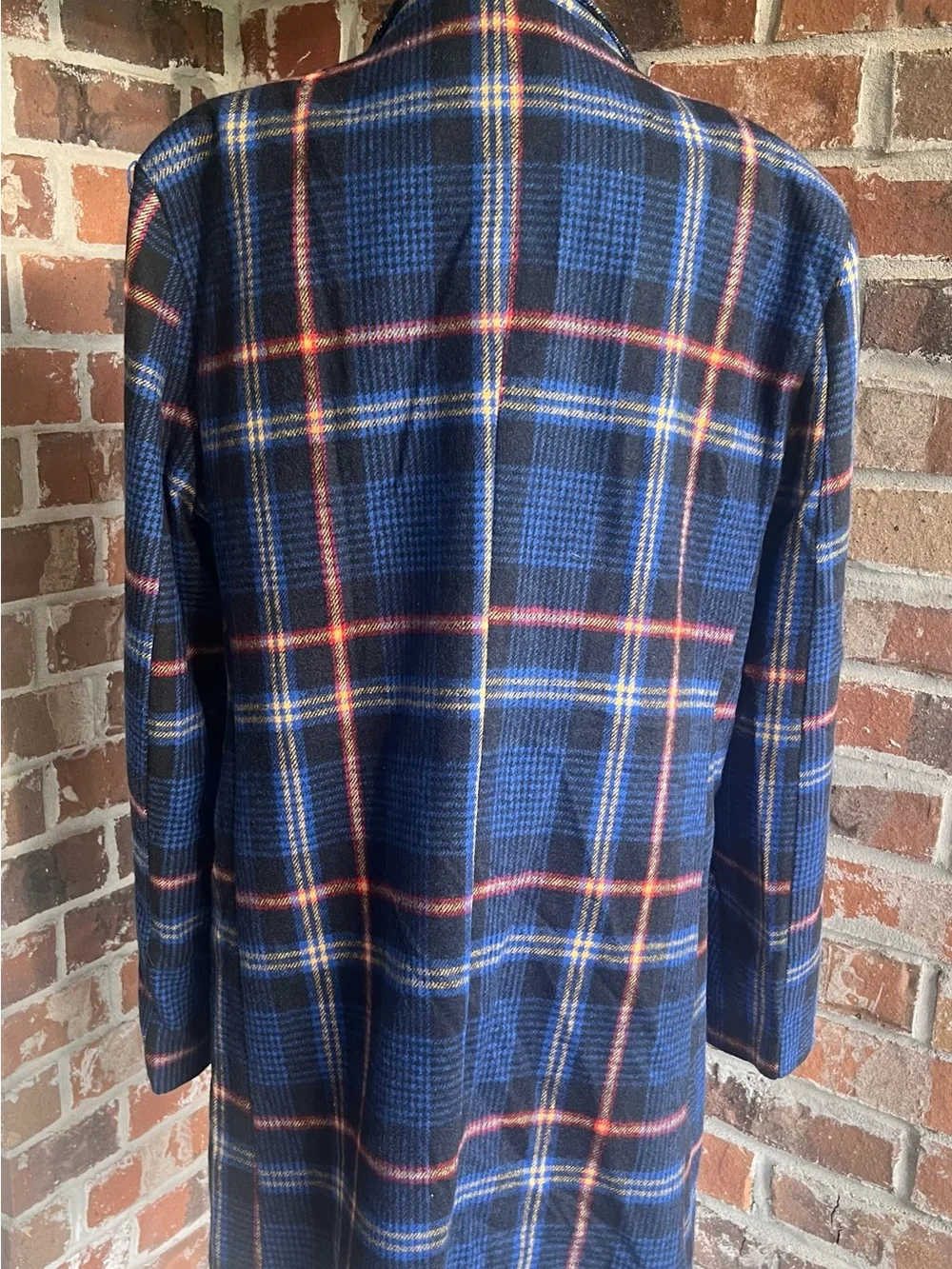 Men's Navy Plaid Pea Coat with Red Accent - Classic Tailored Outerwear